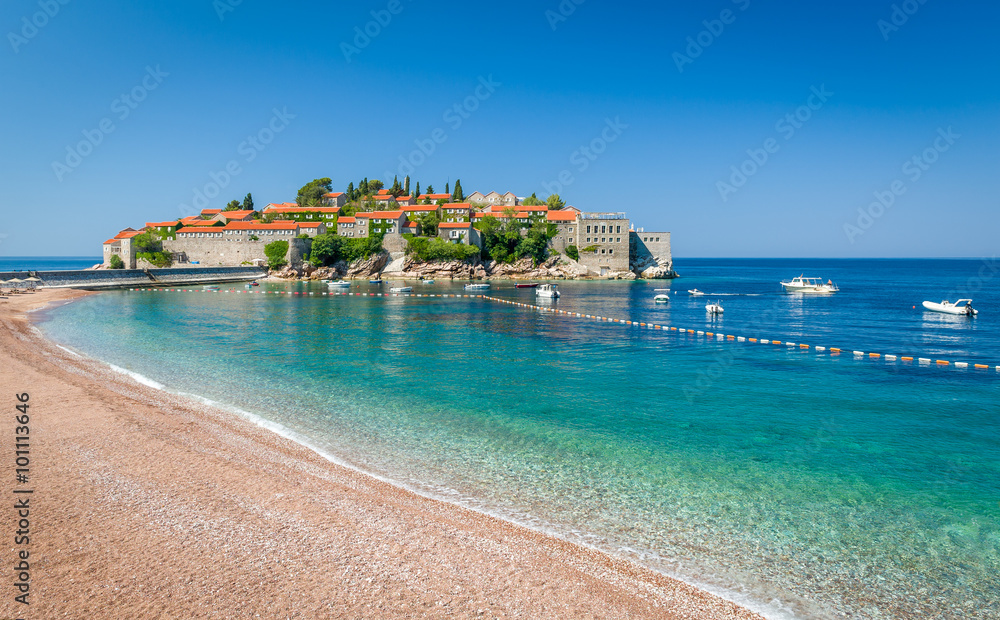 Sveti Stefan island and paradise beach in Montenegro