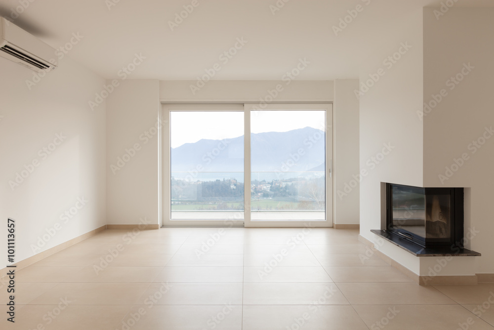 Fototapeta premium interior of new apartment, empty living room, tiled floor