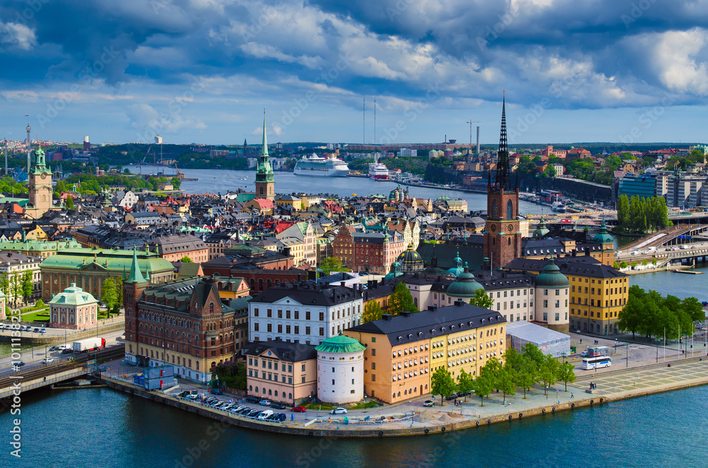 View of  Stockholm from the City Hall  tower, travel Sweden architecture background