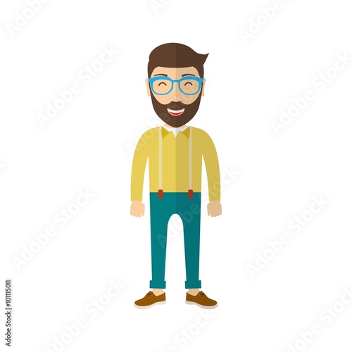 Hipster in glasses is laughing.