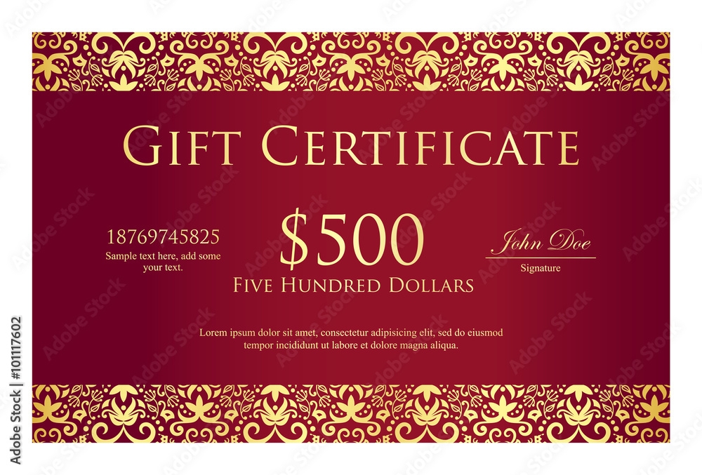 Vintage red gift certificate with golden ornament pattern