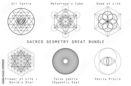 Sacred Geometry Set, great bundle. Black graphics on a white background. photo