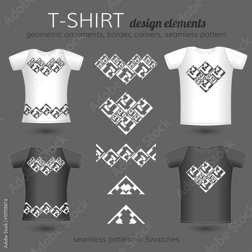 Male and female T-shirt design elements. Vector template of black and white T-shirts. Vector ornaments, vector border, vector corners. Vector seamless pattern in Swatches.