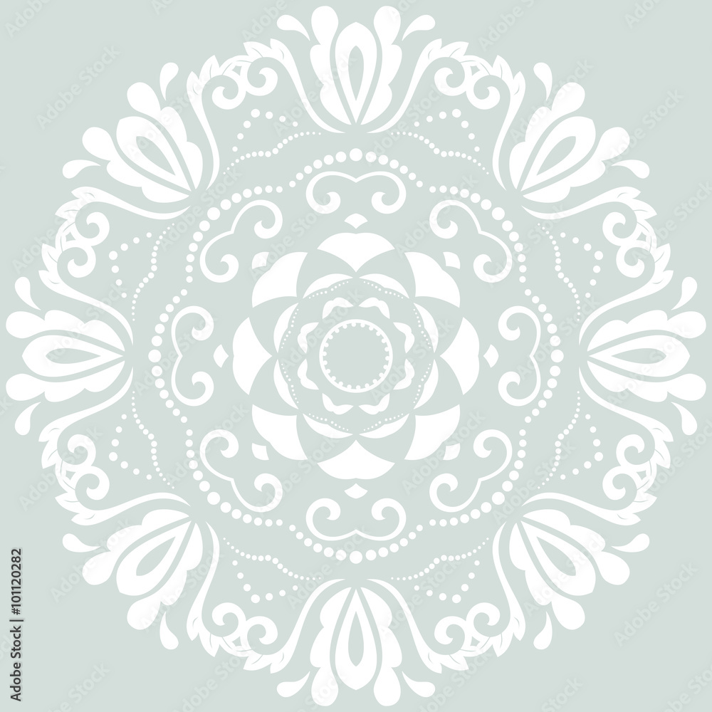Floral vector pattern with fine arabesques. Abstract round white oriental ornament Floral vector pattern with fine arabesques. Abstract round white oriental ornament