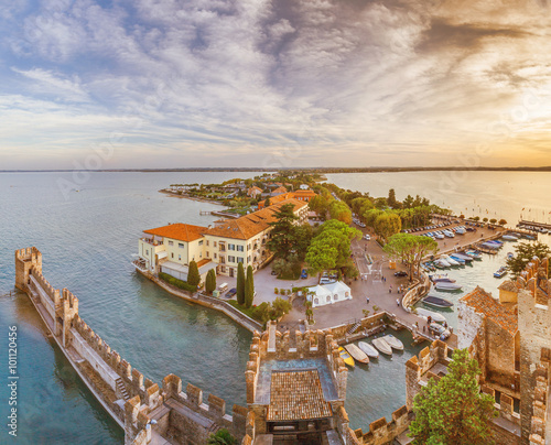 romantic view of the sunset from the Scaliger castle of Sirmione lake garda