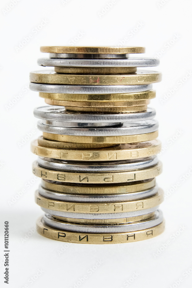 Columns of golden and silver coins isolated on white background. Money concept, investment bank Columns of golden and silver coins isolated on white background. Money concept, investment bank