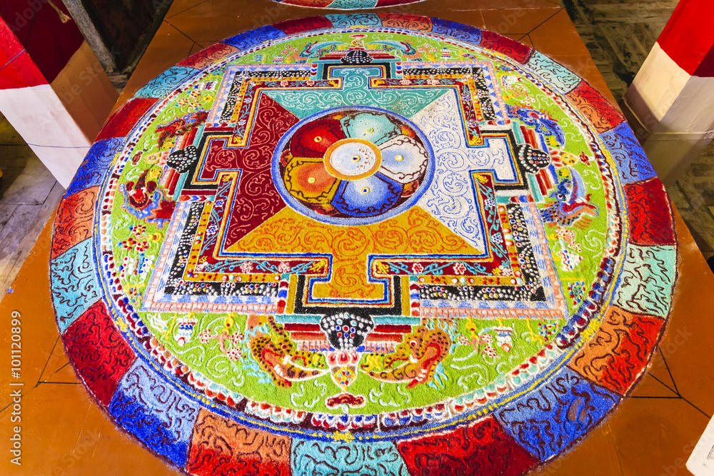 Tibetan mandala tilt from colored sand on September 22, 2015 in Hemes, Leh, India.