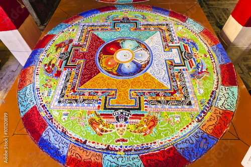 Tibetan mandala tilt from colored sand on September 22, 2015 in Hemes, Leh, India.