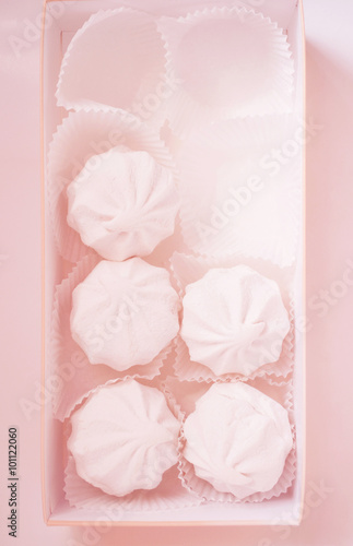 Delicious pink marshmallows in a box