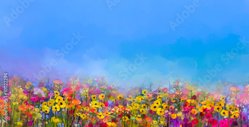 Fototapeta Naklejka Na Ścianę i Meble -  Abstract art oil painting of summer-spring flowers. Cornflower, daisy flower in fields. Meadow landscape with wildflower, Purple-blue Sky color background. Hand Paint floral Impressionist style