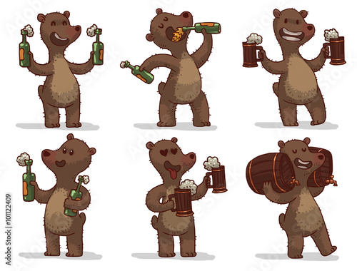 Vector set of cartoon image of funny brown bears with beer: bottles, barrels, mugs, in different poses on a white background. Vector illustration.