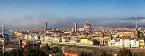 Florence city panorama from left: Ponte Vecchio, Palazzo Vecchio, Cathedral Santa Maria Del Fiore and Basilica di Santa Croce as shot from Piazzale Michelangelo in Tuscany, Italy.
