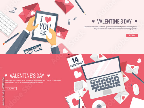 Vector illustration. Flat background with tablet, laptop. Love, hearts. Valentines day. Be my valentine. 14 february.  Message.
