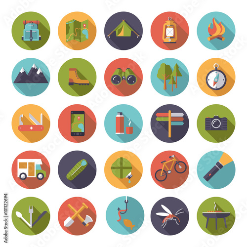 Round Flat Design Camping and Outdoor Pursuits Icon Set