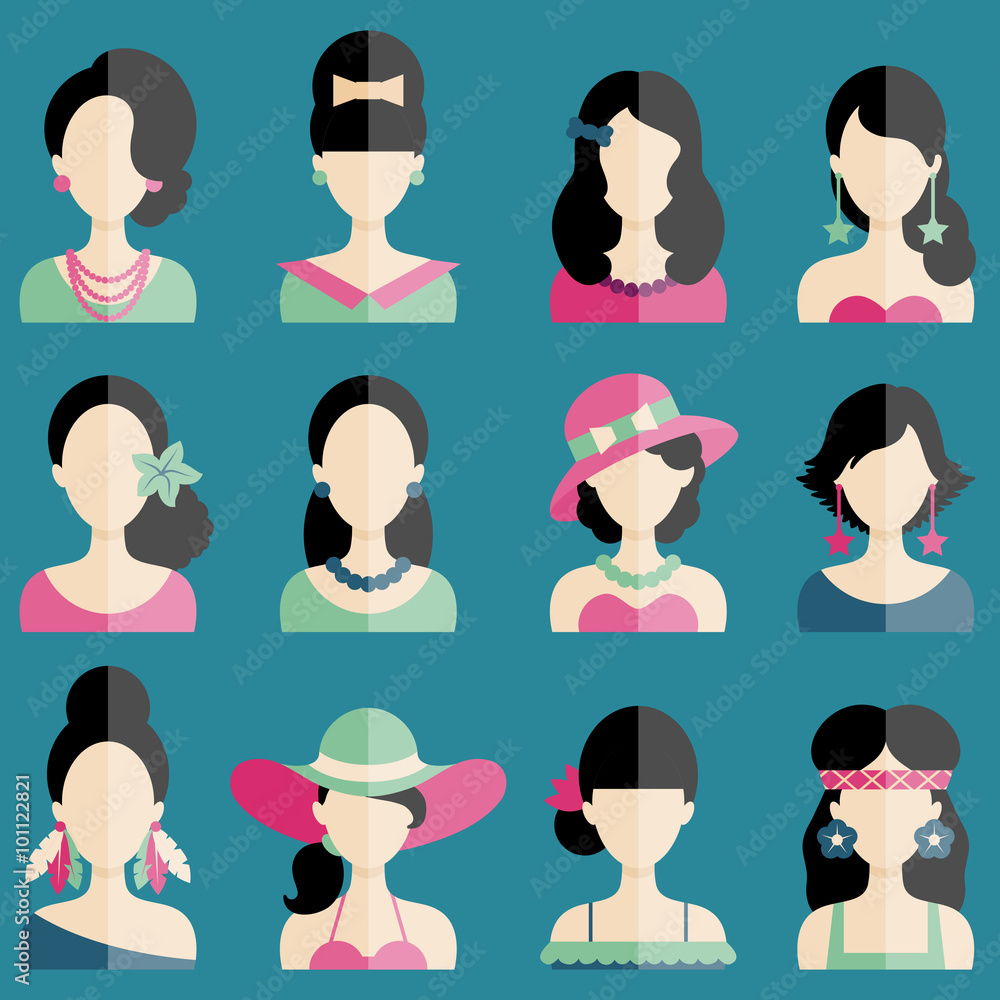 Set of Flat Icons with Women Characters Set of Flat Icons with Women Characters