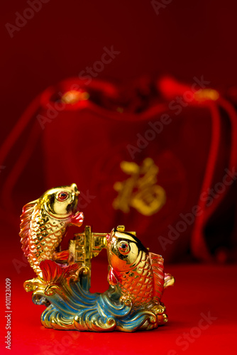 Chinese new year decorations, Auspicious ornaments on red backgr