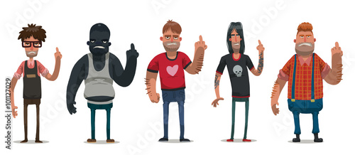 Vector set of images of angry men with different hair color and skin in different clothes, showing middle finger on a light background. Anti Valentine. Vector illustration.