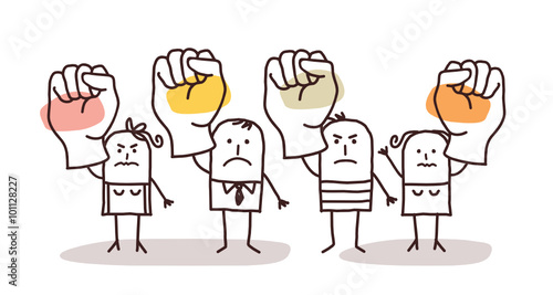 cartoon group of people saying NO with raised fists