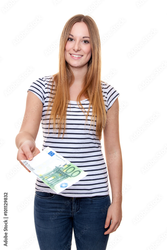 Attractive young woman hands out hundred euro Attractive young woman hands out hundred euro