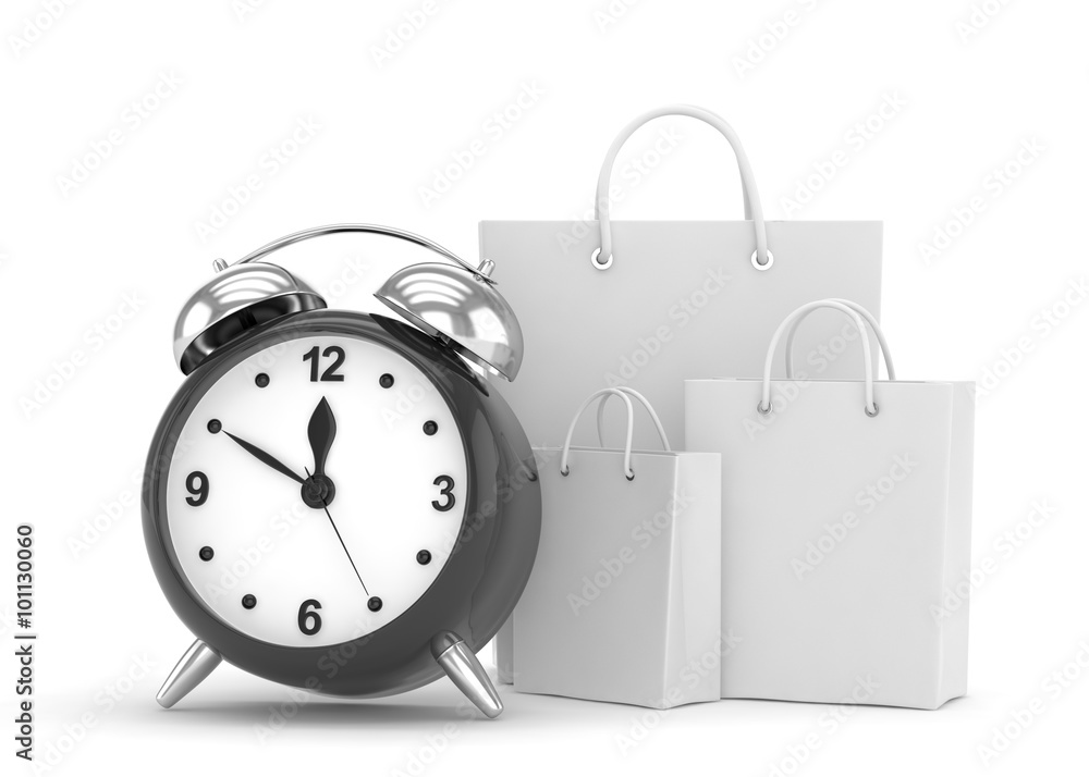 alarm clock and shopping bag (time to buy concept) alarm clock and shopping bag (time to buy concept)