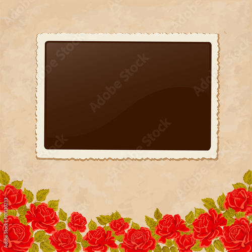 Page of photo album. Vintage background with old paper, photoframe, and red roses.