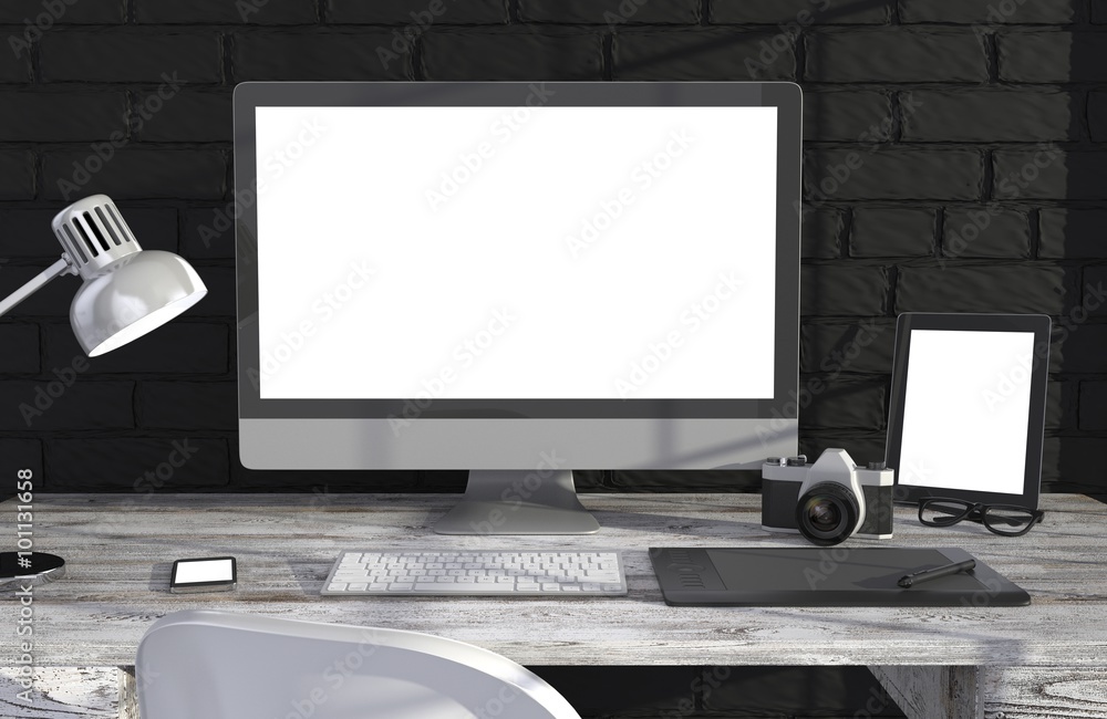 Fototapeta premium 3D illustration PC screen on table in office, Workspace