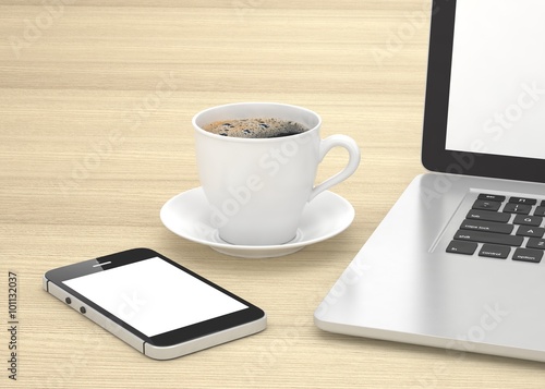 Laptop smartphone and coffee cup 