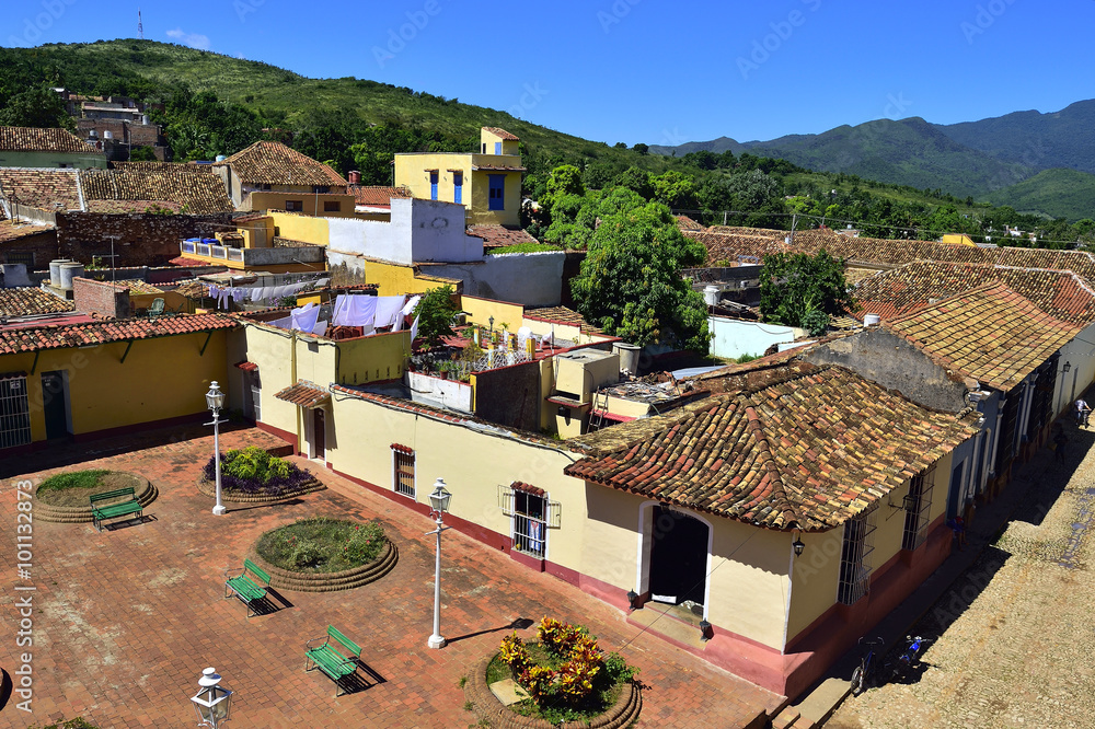 Aerial view over the roofs of Colonial town Trinidad, Cuba. UNESCO World Heritage Site. Colourful houses of the Trinidad, Cuba