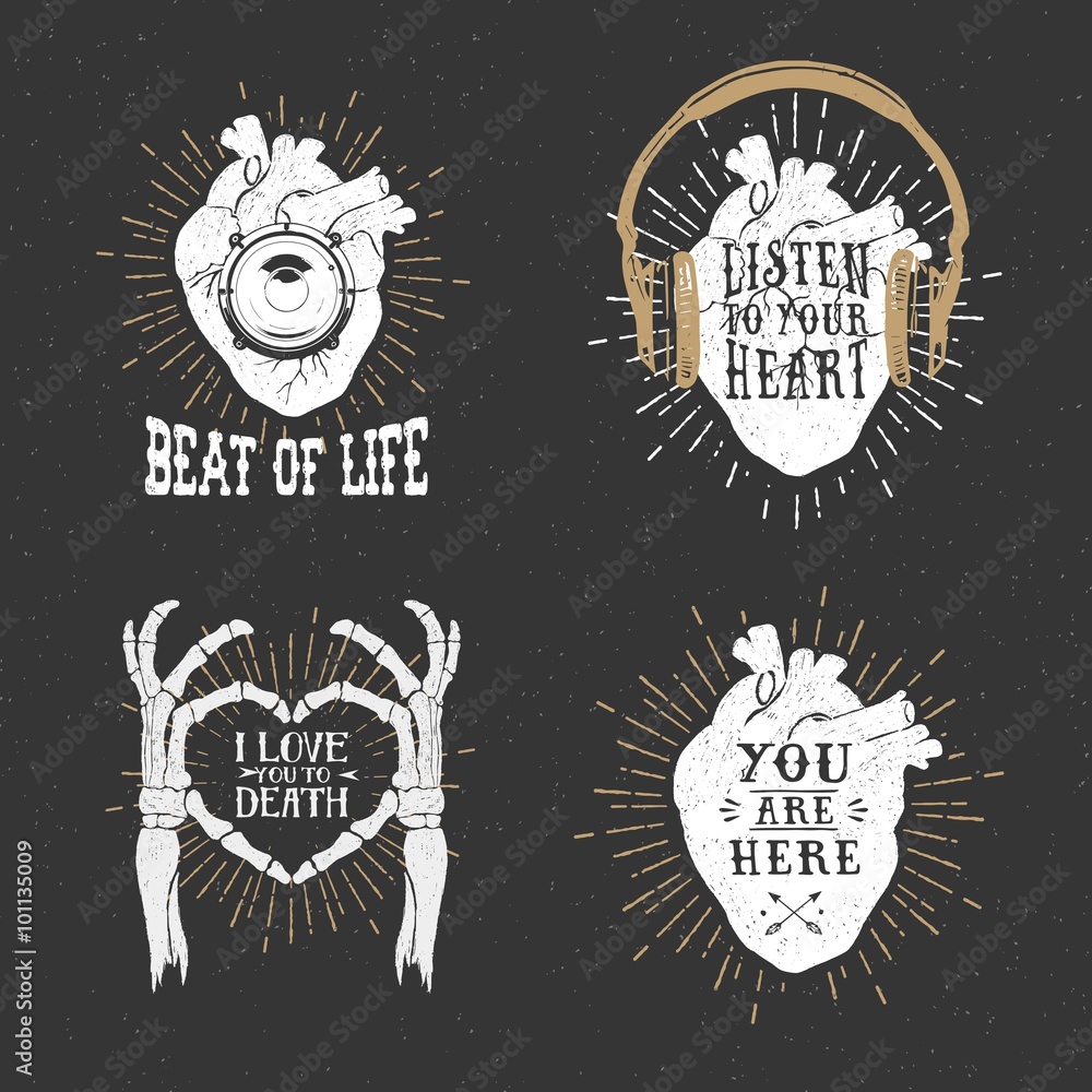Fototapeta premium Romantic posters with human heart, skeleton hands, gramophone ho