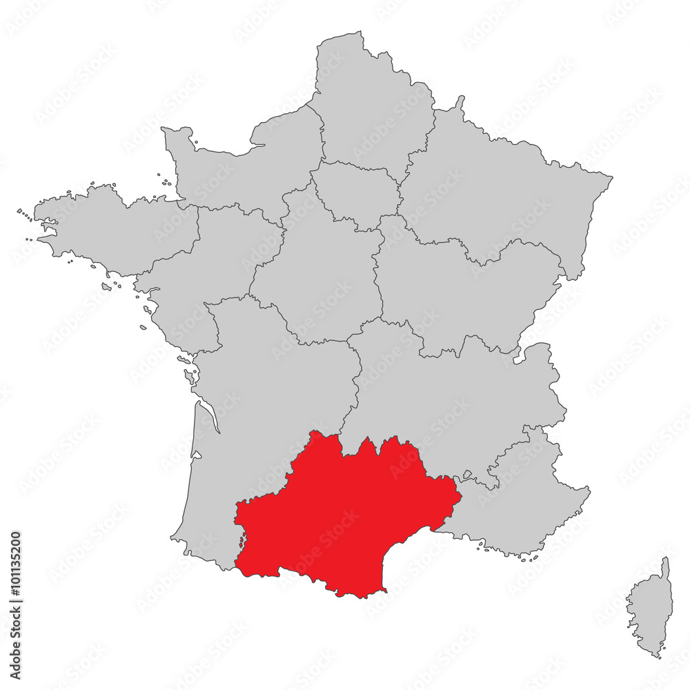 Frankreich - Languedoc-Roussillon-Midi-Pyrénées (Vektor in Rot)