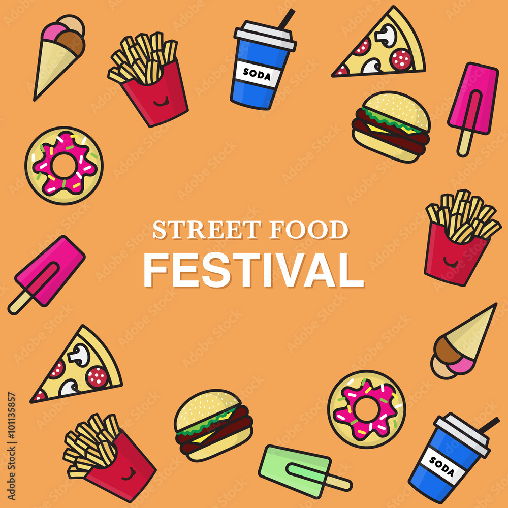 Street food festival poster with junk food icons. Street food vector ...