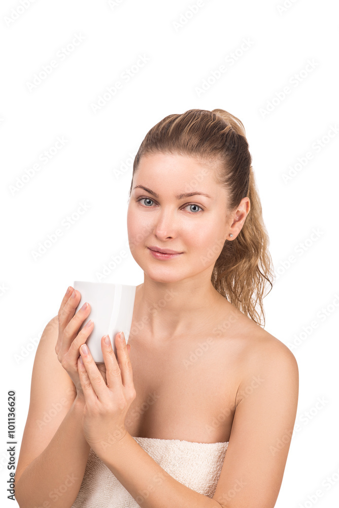 beautiful young woman on white background in towel with cup of tea beautiful young woman on white background in towel with cup of tea
