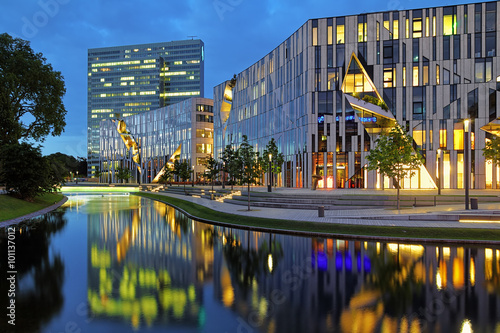 Evening view to the Ko-Bogen buildings complex in Dusseldorf, Germany photo