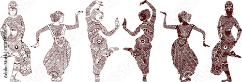Indian dancers set of hand-drawn style mehendi