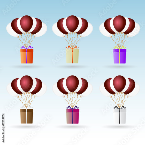 gift package soaring with helium balloons icons set eps10