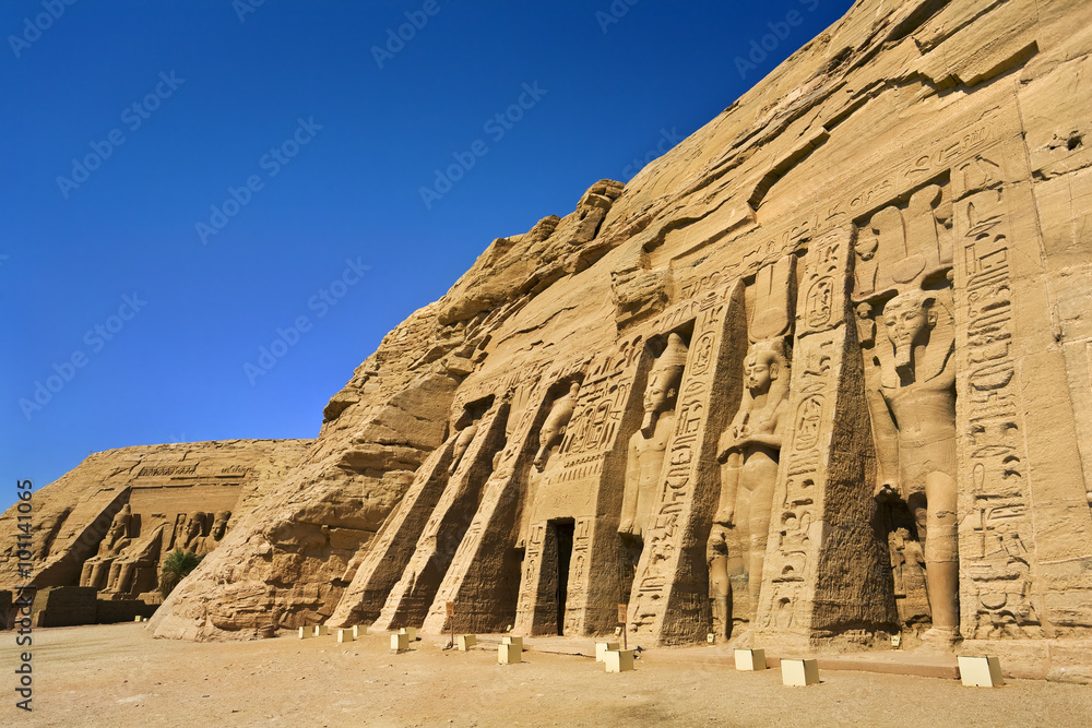 Egypt. Abu Simbel. The Temple of Hathor and Nefertari and the Temple of Rameses II (in background) situated on the western bank of Lake Nasser (UNESCO World Heritage Site since 1979)