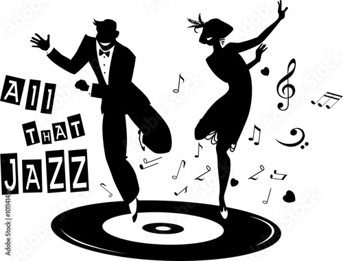 Black vector silhouette of a couple dressed in 1920s fashion dancing the Charleston on a record, no white objects, EPS 8