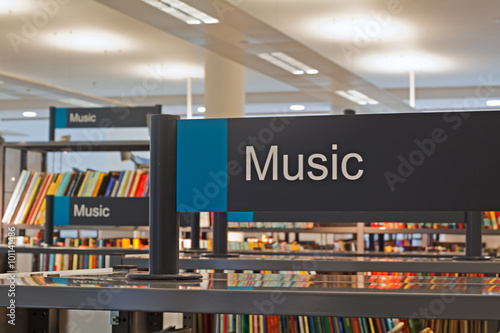  Music section sign inside a modern public library photo