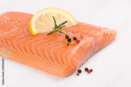 Salmon fillet with peppercorns and Rosemary spice on white backg