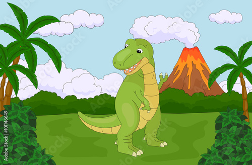 Funny cute tyrannosaurus on the background of a prehistoric natu