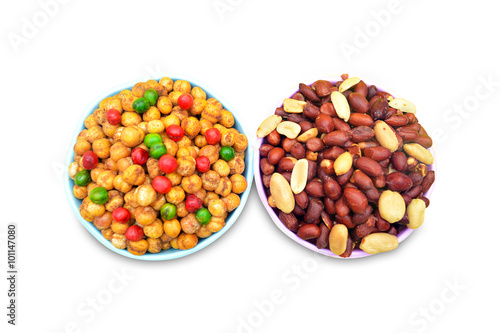 Mix nimko and peanut in bowl isolated on white background