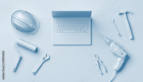 construction tools, helmet and laptop, white 