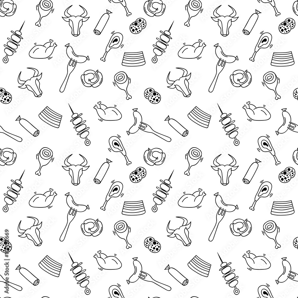 Hand drawn artistic meat seamless pattern for adult coloring pag
