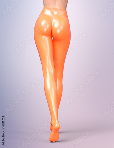 Sexy slim female legs in orange latex stockings. Conceptual fashion art. Shiny pantyhose. 3D render, back side view.