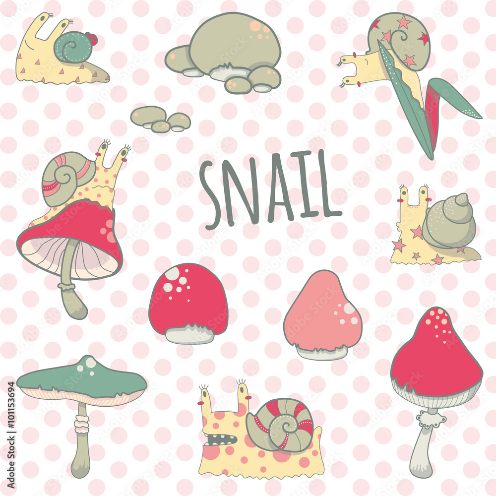 Set of vector Cartoon funny snails Set of vector Cartoon funny snails