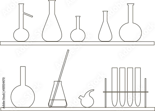 Chemical test tube on the shelf. Black thin contours on white, clipart, vector