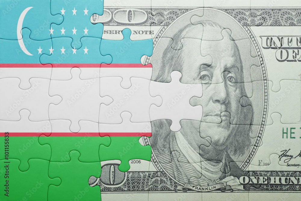 puzzle with the national flag of uzbekistan and dollar banknote
