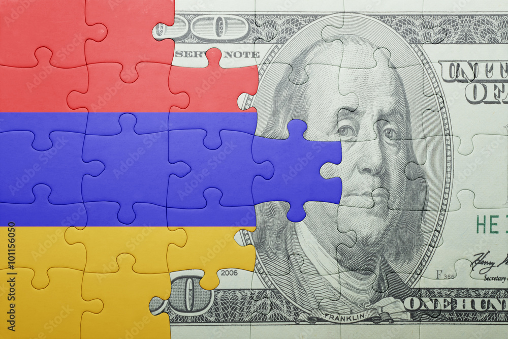puzzle with the national flag of armenia and dollar banknote
