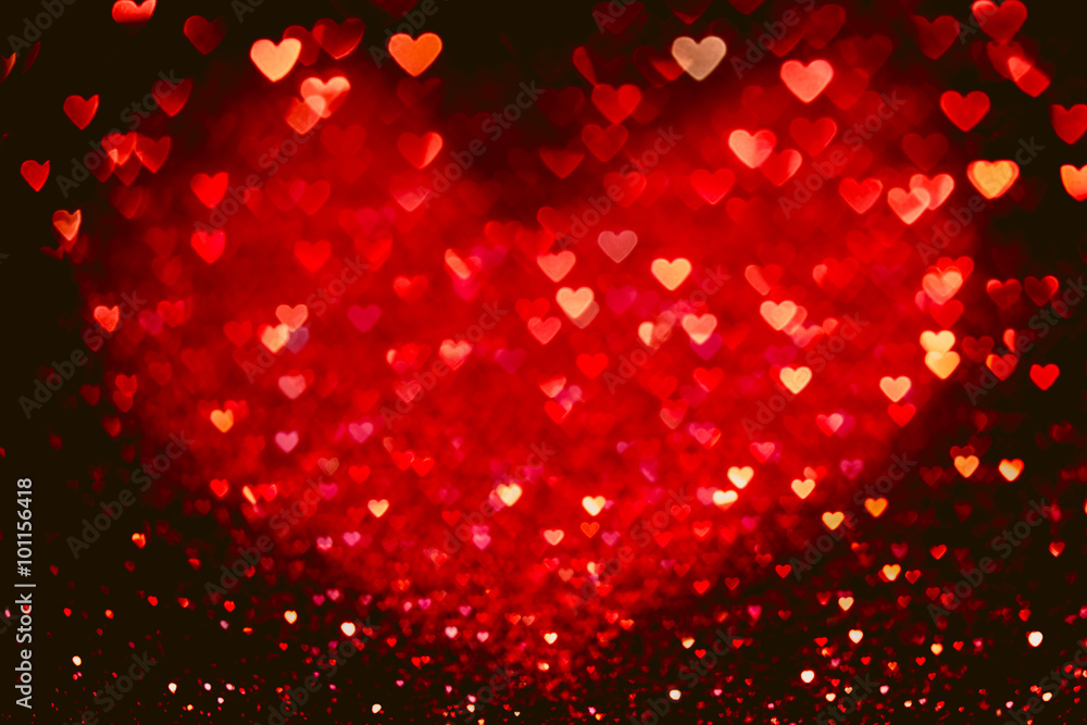 Red heart bokeh background. Valentines day texture. - obrazy, fototapety, plakaty 