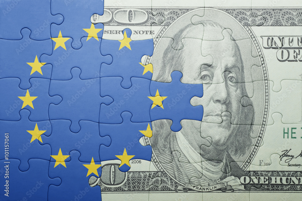 puzzle with the national flag of european union and dollar banknote